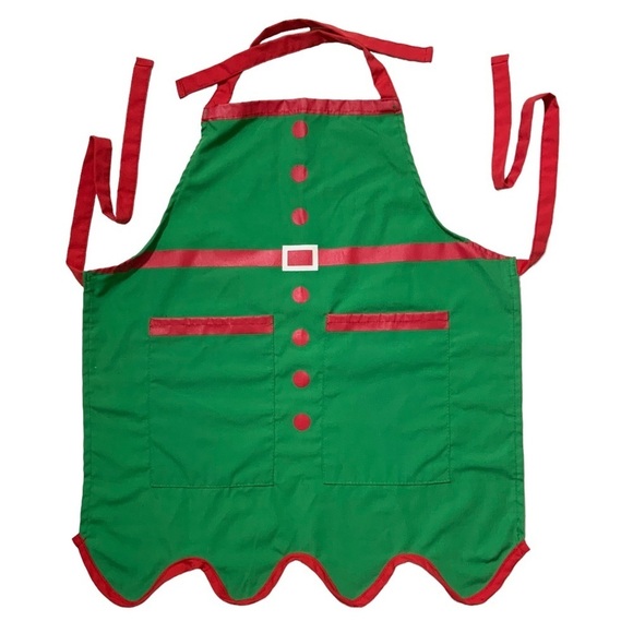 Apron Holiday Christmas Elf Bib Apron Adjustable Ties One Size Kids Green Red - Picture 1 of 11